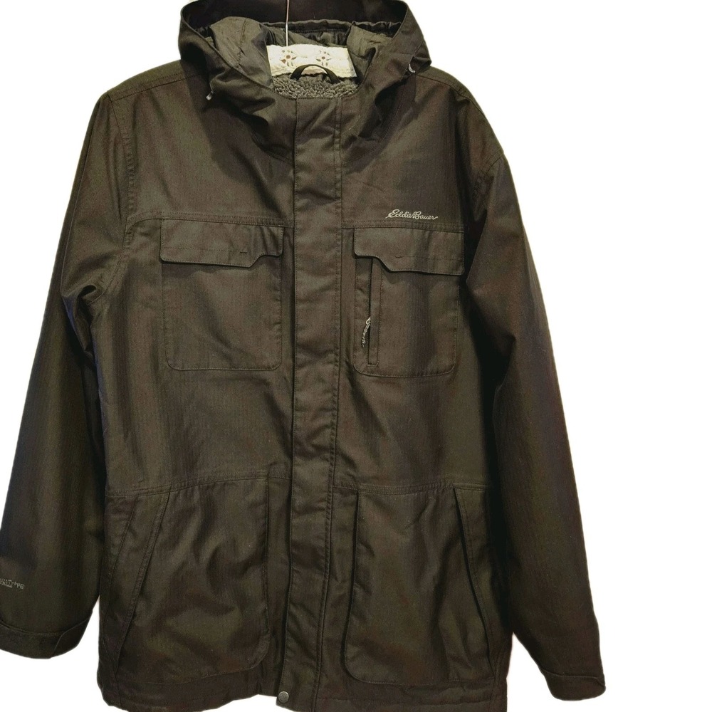 Eddie Bauer WeatherEdge Mid Length Coat Black XL Waterproof Hooded Fleece Lined